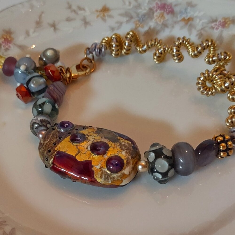 Artisan Made BOLD Bracelet Lampwork Glass, Crystal, Stone Bracelet Adjustable